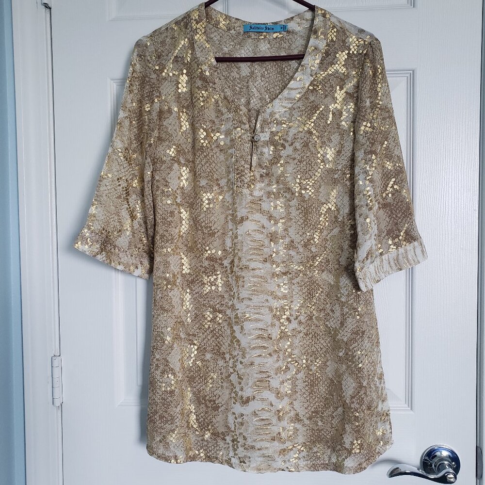 SOLITAIRE SWIM Bathing Suit Coverup Womens M Gold Snakeskin Resort Beach Pool